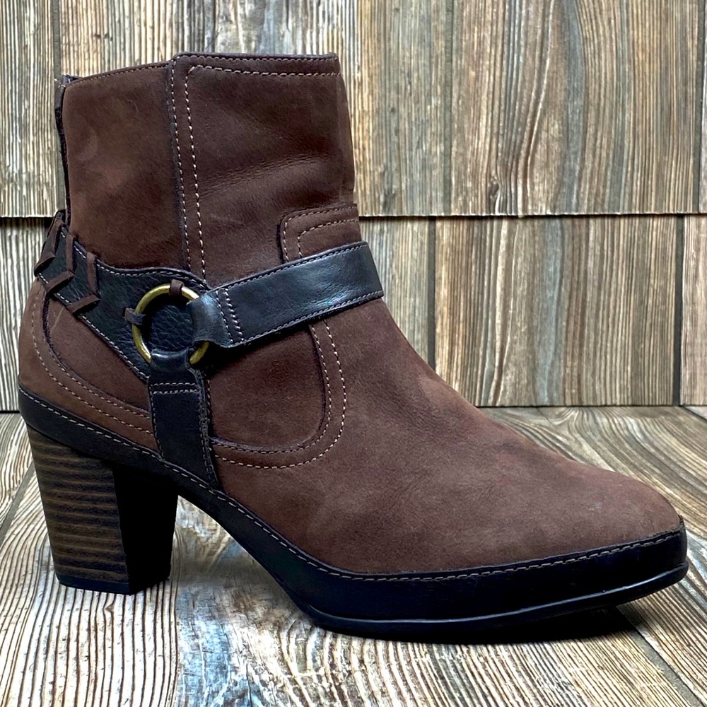 Clark’s Leather Harness Strap Heeled Ankle Boots